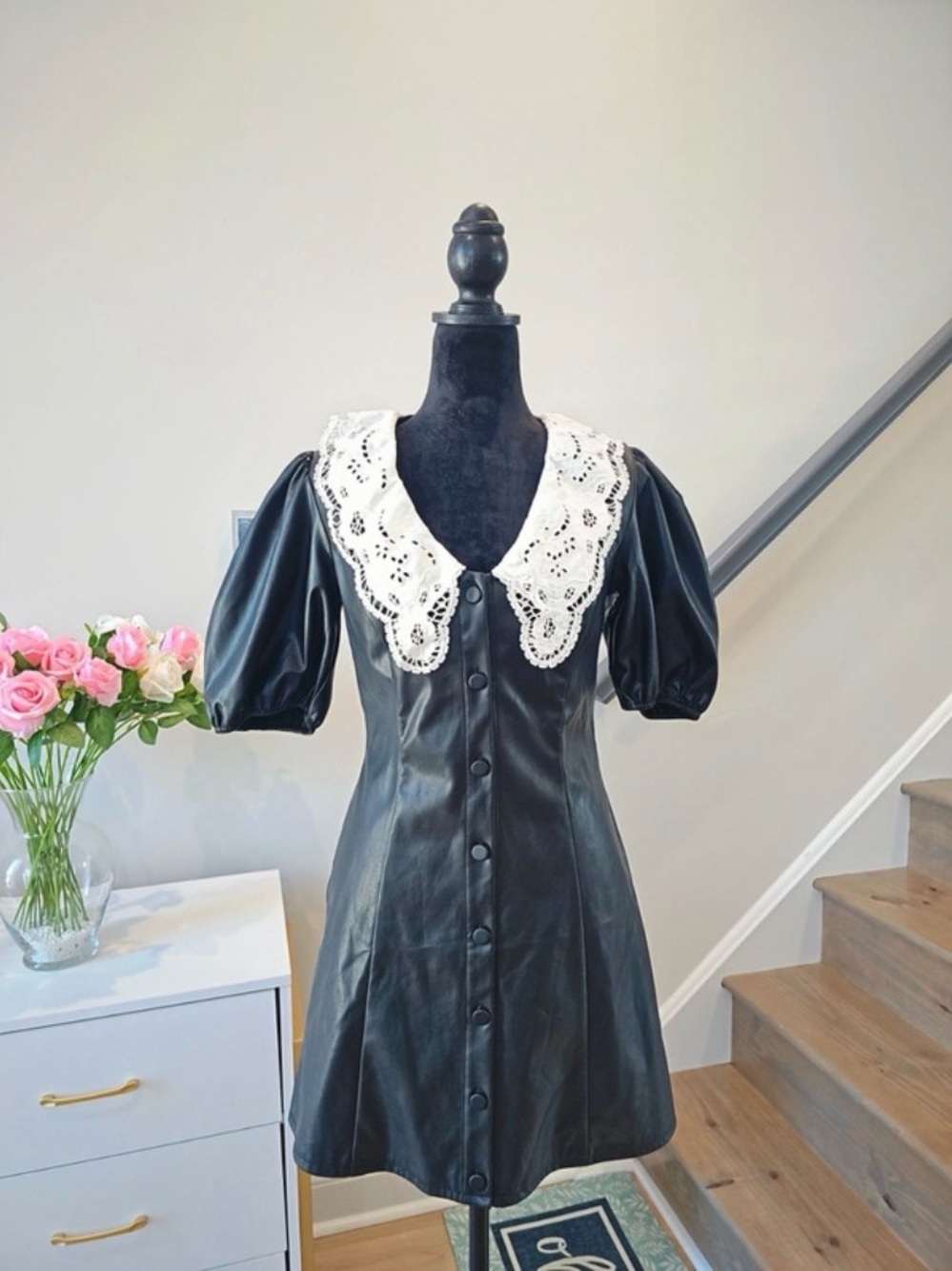 Miss Selfridge Petite NWOT Black Faux Leather Lace Collar Mini Dress Size S